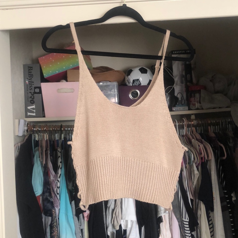 Tan woven lace up crop tank top